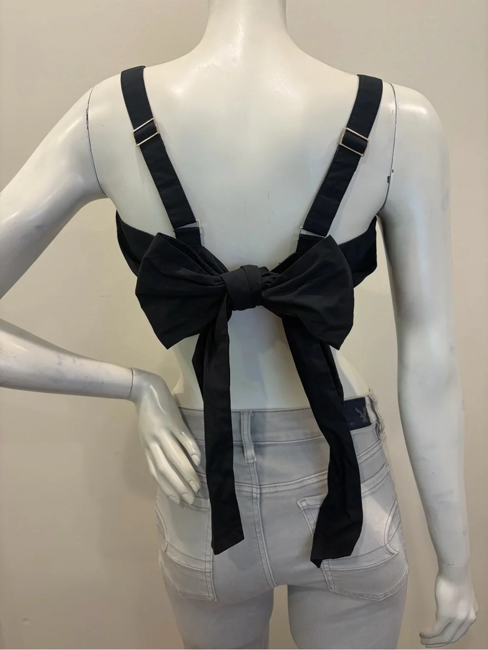 ABERCROMBIE & FITCH Black Cotton Tie Back Bow Cropped Tank Top_5